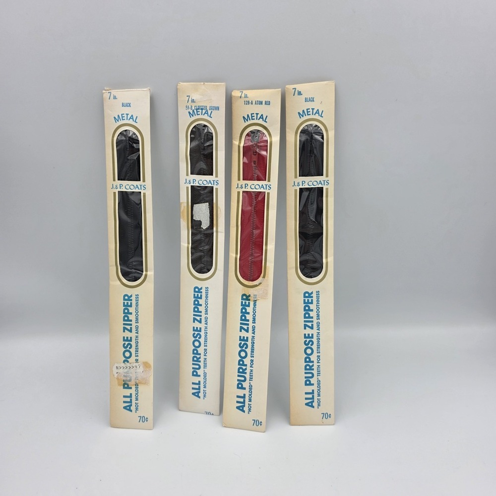 4~ Vtg J & P Coats 7" Zippers Metal All Purpose 2 Black 1 Red 1 Brown